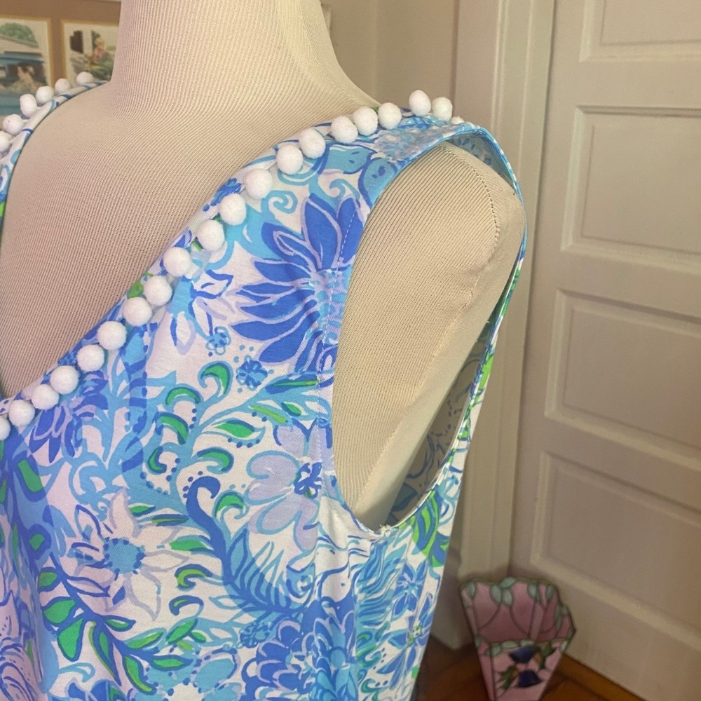 Lilly Pulitzer Blue Green Floral Pom Pom V-Neck Ruffle Hem Shift Dress Medium - Picture 6 of 9